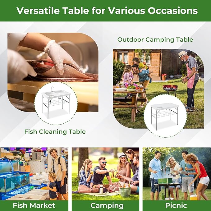 Giantex Folding Fish Cleaning Table with Double Sinks Portable Fish Fillet Cleaning Station w/Faucet Drainage Hoses Sprayer &amp Storage Shelf 2-in-1 Outdoor Camping Table for Picnics Fishing