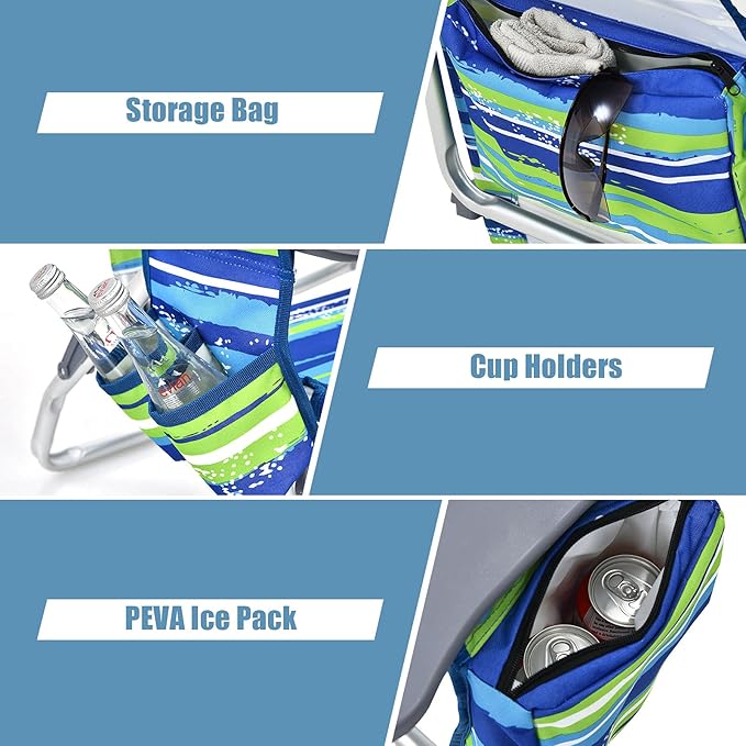 Giantex Folding Beach Chair Patio Sling Chairs with 5 Adjustable Position Head Pillow Storage Bag Towel Bar Cup Holders Backpack Chairs for Sunbathing Camping Chair