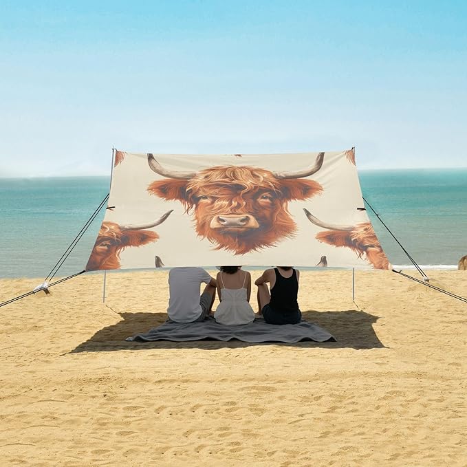 Highland Cows Beach Tent Sun Shelter 9.2' x 10.5' Beach Canopy with 4 Sandbags 4 Stability Poles Sand Shovels - Tent Canopy for Beach Camping Fishing Picnics