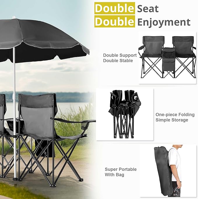 2-Seat Folding Camping Chair w/Removable Sun Umbrella Portable Outdoor Chair for Fishing Sunbathing and Camping Durable Steel Frame and Oxford Fabric Includes Carrying Bag Load 180 LBS Per Seat
