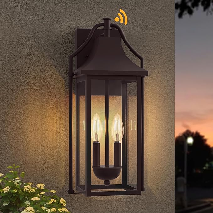 𝟏𝟖𝑰𝑵 Outdoor Wall Sconce Fixtures Dusk to Dawn Patio Lights Waterproof Exterior Lanterns 2-Light Modern Wall Light Mounted with Glass Brown Outside Lights for House Front Door Decor