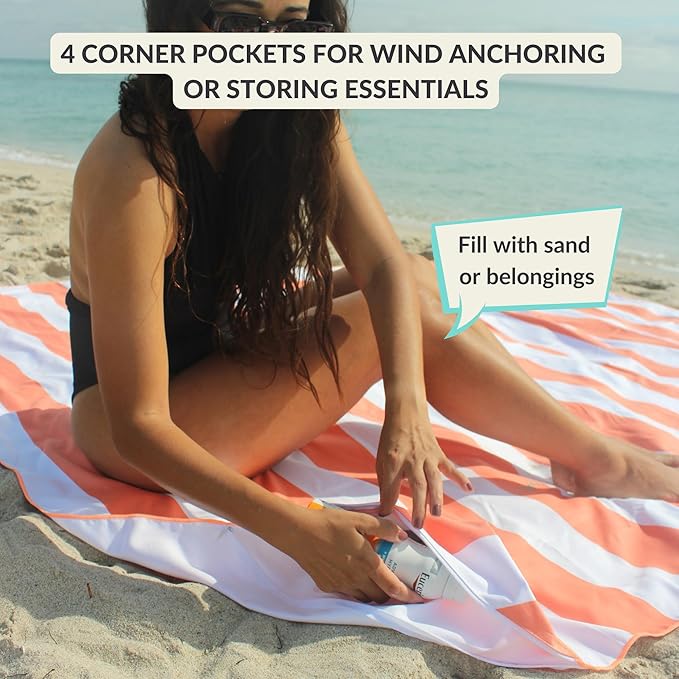 Plush Microfiber Beach Blanket Extra Large Beach Mat for 3-6 Persons Sandproof Windproof | Hole for Umbrella Corner Sand Pockets to Fight Wind (Bag for Blanket Included)