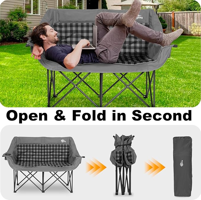 Double Camping Chairs Folding Chair Camping Loveseat Oversized 2 Person Camp Chairs for Adults Camping Couch Two Person Lawn Chairs Outdoor Sport Chair