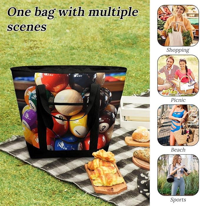 Insulated Shopping BagLarge Reusable Cooler Bags Color Billiards Printed Foldable Shopping BagTravel Waterproof Shoulder Bag