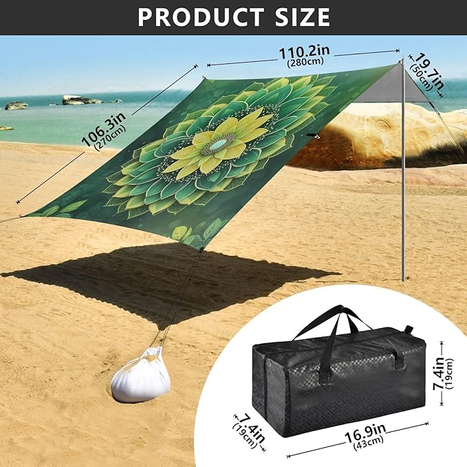 Mandala Texture Green Beach Tent Sun Shelter 9.2' x 10.5' Beach Canopy with 4 Sandbags 4 Stability Poles Sand Shovels - Tent Canopy for Beach Camping Fishing Picnics