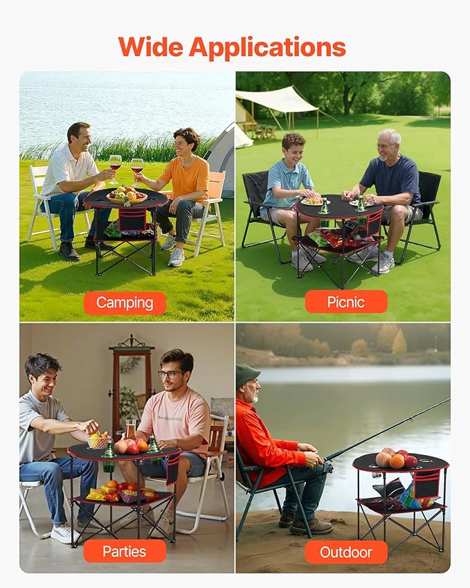 VEVOR Folding Camping Table Portable Outdoor Lightweight Picnic Table 600D Oxford Fabric Waterproof Canvas Travel Beach Tables with 4 Cup Holders Carry Bag for Tailgating Camping Picnic Black