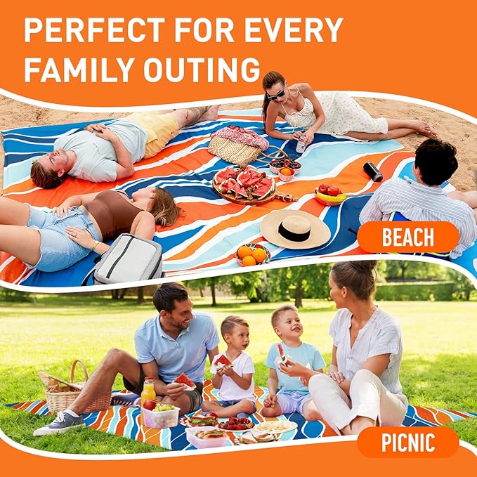 Everlasting Comfort Large Beach Blanket Waterproof &amp Sandproof - 80 x 80/ 6.7ft x 6.7ft - Lightweight Picnic Mat Camping Necessities for 4 People - Accessories for Outdoor Festivals - Orange