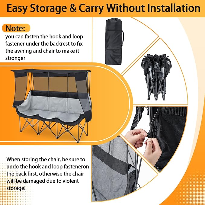 3 Person Camping Chair with Canopy Shade 700lbs Heavy Duty Oversized Beach Camping Chair with Thick Cushion Cup Holder and Carry Bag Foldable Portable Sofa for Lawn Beach Outdoor(Black)