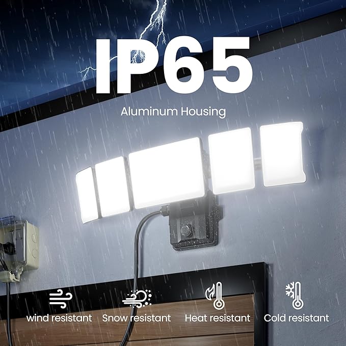 Olafus 120W Plug in Flood Lights Dusk to Dawn LED Outdoor Light with Remote 5 Adjustable Heads IP65 Waterproof LED Security Light with Photocell for Yard Garden Porch Black