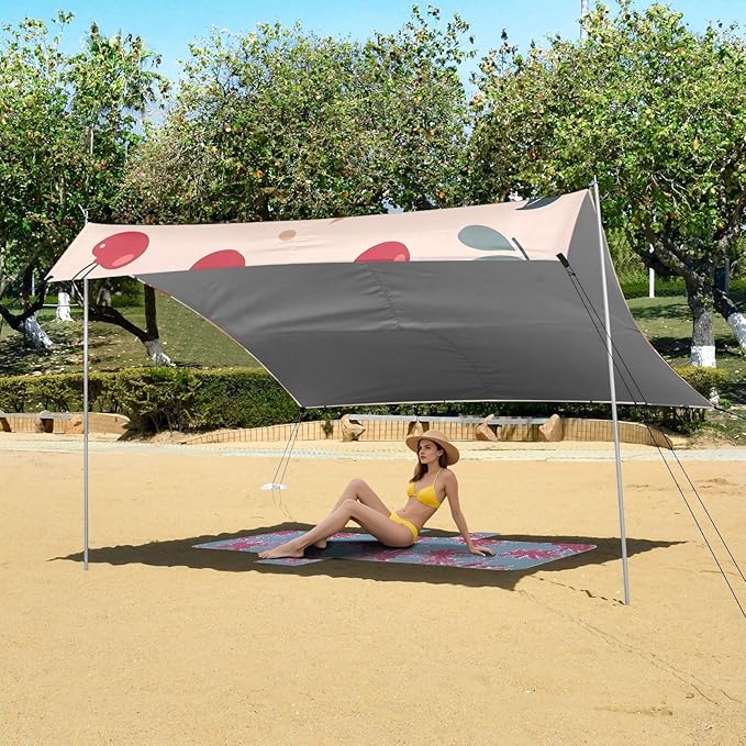 Cartoon Bear Face and Cherry Design Camping Sun Shelter Beach Tent Portable Beach Sun Shade Outdoor Canopy for Camping Trips Fishing Picnic