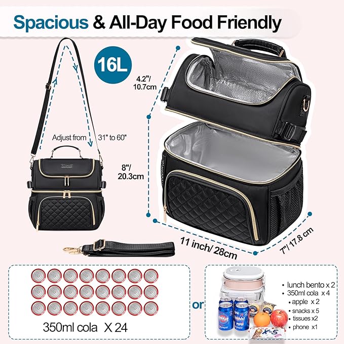 Lunch Bags for Women Dual Compartment Lunch Box Lunch Bag for Work Leakproof Lunch Cooler Large Insulated Lunchbox for Adult for Women Men Lunchbag for Picnic Beach (Black)