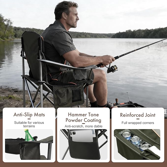 Oversized Camping Chair Heavy Duty Steel Frame 450 LBS Capacity Collapsible Padded Arm Chair with Cup Holder Lumbar Support Portable for Outdoor Garden Beach Home (1 Green)