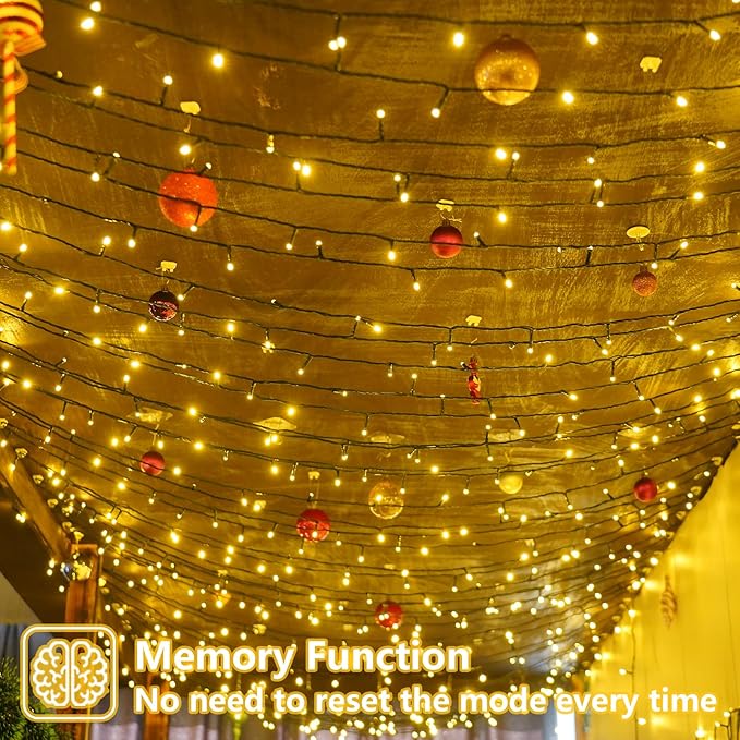 YEGUO Christmas Lights Battery Operated 2 Pack Each 33ft 100 LED Warm White String Lights Outdoor Waterproof 8 Modes Green Wire Fairy Light Indoor with Remote