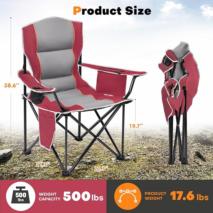 XMT Premium Padded Folding Chair Extra Wide &amp Heavy Duty 450lbs Capacity Portable Camping Chair with Insulated Cooler Cup Holder &amp Storage Compact Foldable for Outdoor Beach Picnics