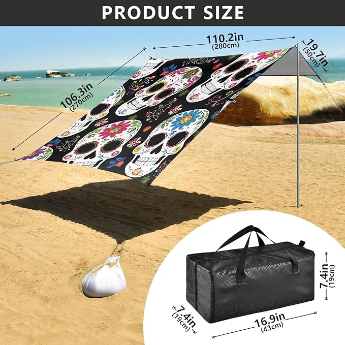 ALAZA Skull Pattern Beach Tent Sun Shelter Portable Canopy Sunshade for Outdoor Camping Picnics Backyard Fun 10x9 ft