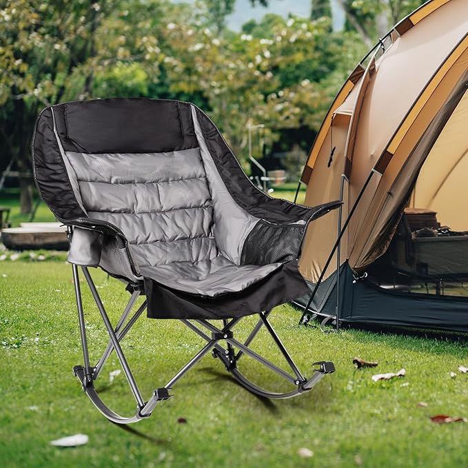 Oversized Rocking Camping Chair for Adults - 400lbs Capacity Padded Camp Chair with Cup Holder Portable Foldable Outdoor Rocker Chair for Camping Backyard Patio (Black &amp Gray)