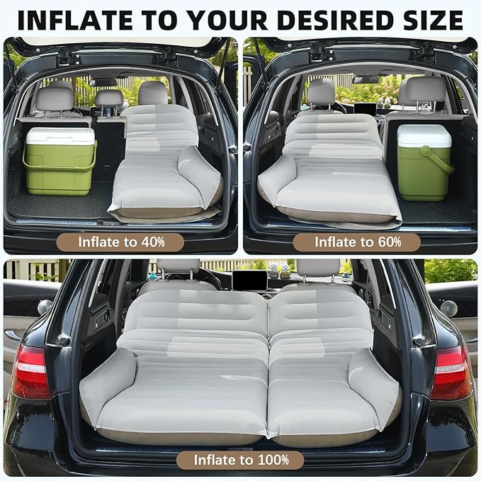 KMZ SUV Air Mattress Double Sided Thickened Flocking Car Bed – Portable Inflatable Mattress Pad for Camping &amp Travel with 2 Pillows &amp Electric Pump (Off-White and Coffee)