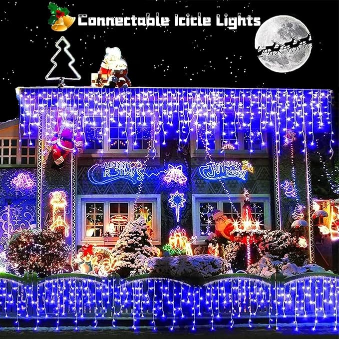 YEGUO 66ft 800 LED Blue Icicle Lights Outdoor Waterproof 160 Drops Icicle String Light Connectable 8 Modes Icicle Christmas Lights with Memory Timer