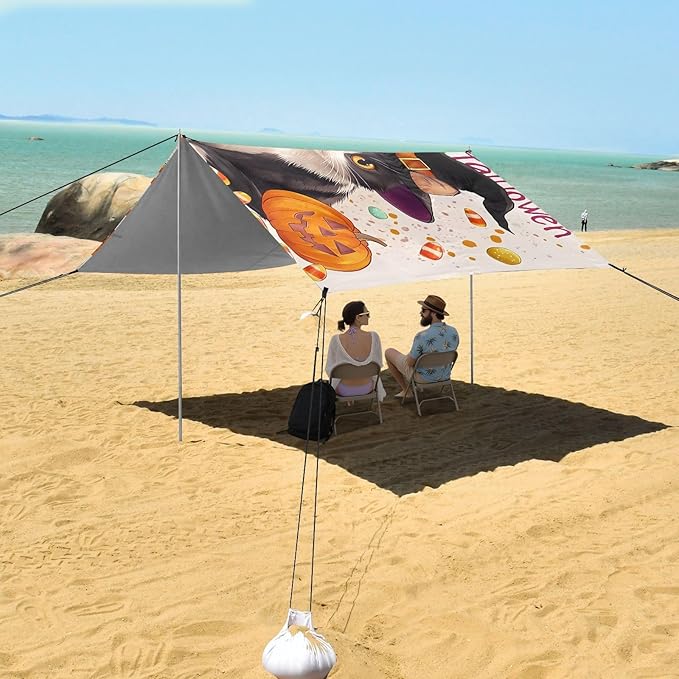 ALAZA Witch Cat Pumpkin Beach Tent Sun Shelter UPF50+ Protection Beach Shade Canopy w/ 4 Sandbags for Outdoor Camping Fishing Backyard Fun Picnic 10x9 ft