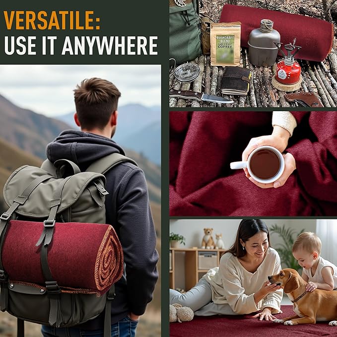 Large Military Wool Blanket - Warm &amp Thick Emergency Survival Blanket Great for Camping Outdoors Sports Events Picnics 4.5 lbs 64 x 88 (Maroon)