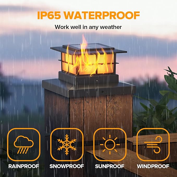LUTEC 6 Pack Solar Post Cap Lights IP65 Waterproof Solar Flame Fence Post Lights for 4x4 5x5 6x6 Wooden/Vinyl Posts Flickering Flame Warm White 3000K LED Lighting Decor for Yard Patio Deck Black
