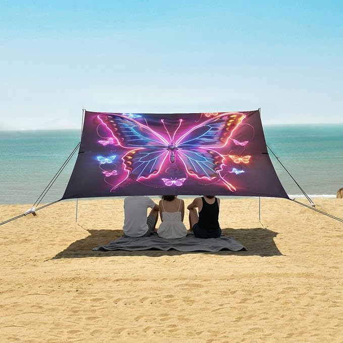 Neon Butterfly Beach Tent Sun Shelter 9.2' x 10.5' Beach Canopy with 4 Sandbags 4 Stability Poles Sand Shovels - Tent Canopy for Beach Camping Fishing Picnics