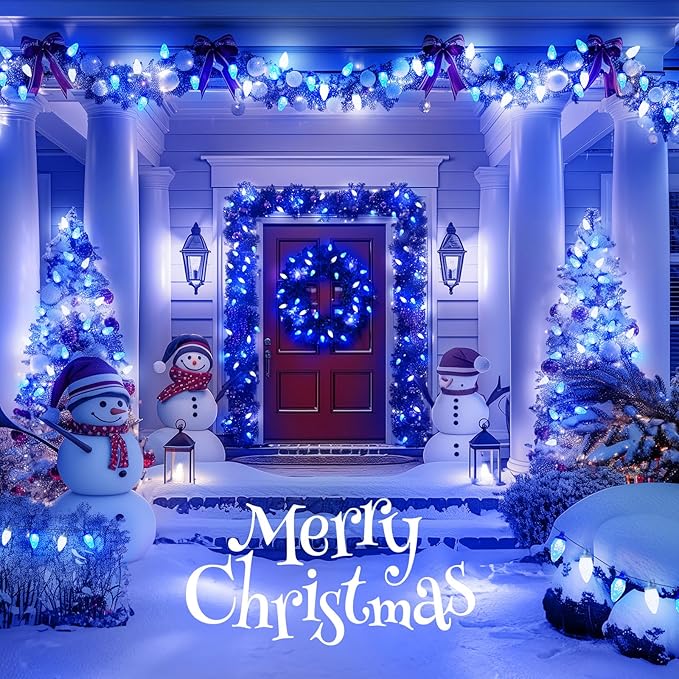 Brightown 2 Pack Blue and White C9 LED Christmas String Lights - 33ft 50 LED Waterproof Strawberry String Lights Plug-in Extendable Green Wire Lights String for Outdoor Indoor Patio Party Decoration