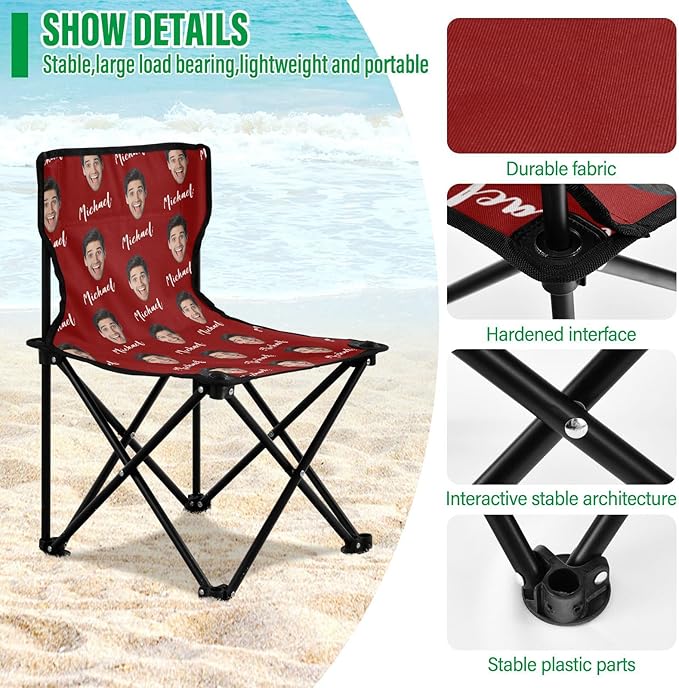 Sinestour Dark Red Custom Photo Folding Camping Chair for Teen Child Personalized Name 14.6×14.6in Portable Outdoor Chair with Carry Bag for Beach Picnic Barbeques