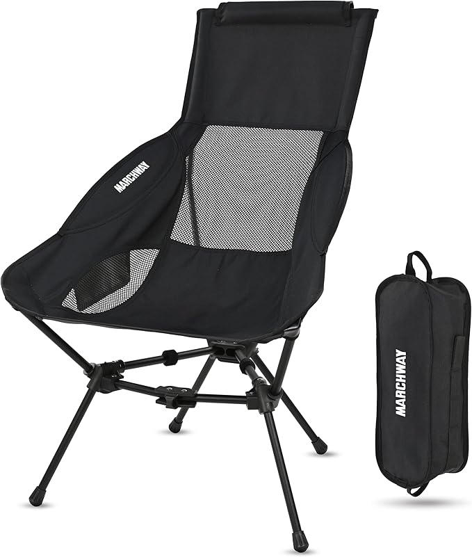MARCHWAY Lightweight Folding High Back Camping Chair with Head Support Stable Portable Compact for Outdoor Camp Travel Beach Picnic Festival Hiking Backpacking (Highback Black)