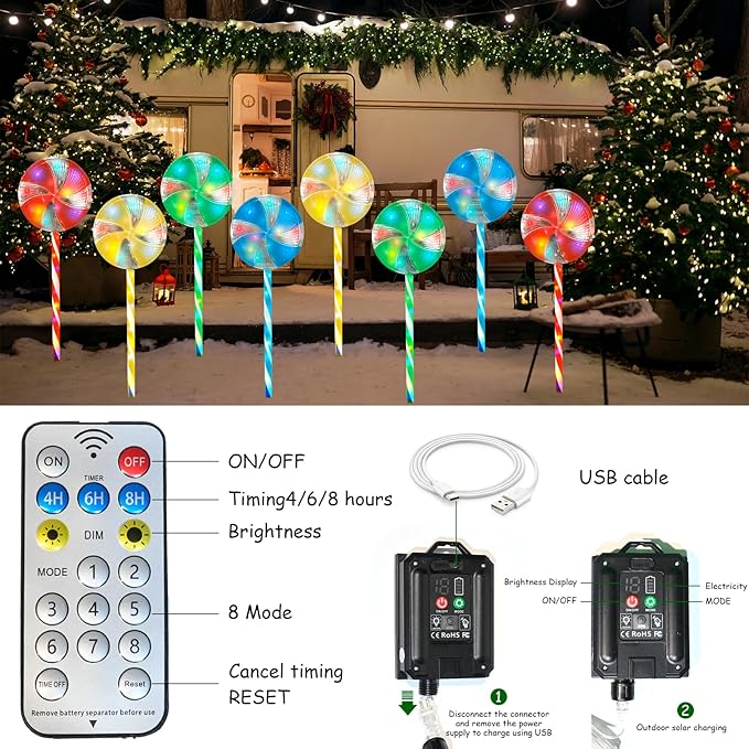 Candy Christmas Decorations Pathway Outdoor Solar Lights 29 inches 80 LED Lighted Lollipop Solar Christmas Lights with 8 Modes Waterproof String Lights Outdoor Lights for Yard Patio Walkway-4PCS