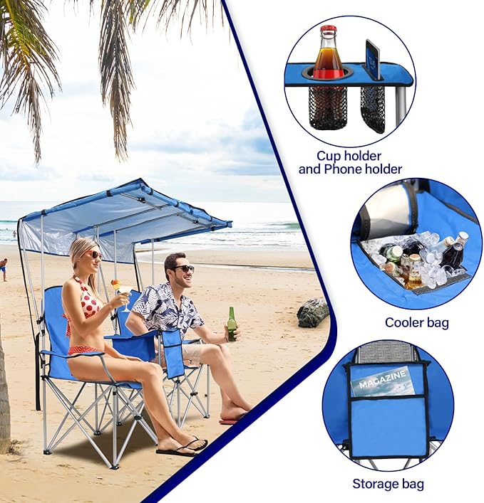 ptlsy Double Camping Chair with Canopy Folding Two-Person Seat Portable Outdoor Loveseat with Shade Folding Chairs for Beach Lawn and Outdoor Activities (Blue)
