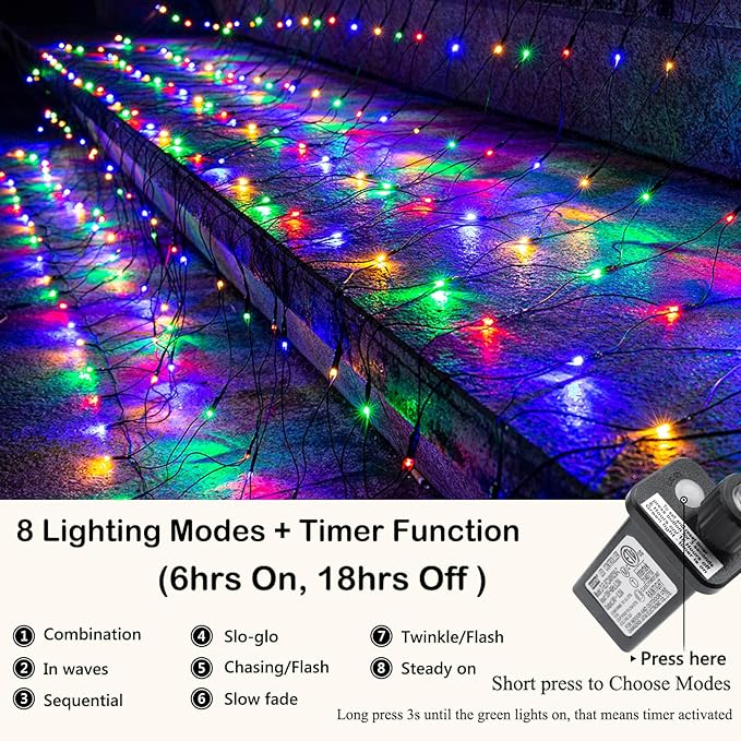 Joomer Christmas Net Lights - 2PACK12FT x 5FT 360 LED Plug-in Mesh Lights Waterproof with 8 Modes Timer Connectable for Bushes Trees Garden Outdoor Christmas Decor (Green Wire Multicolor)