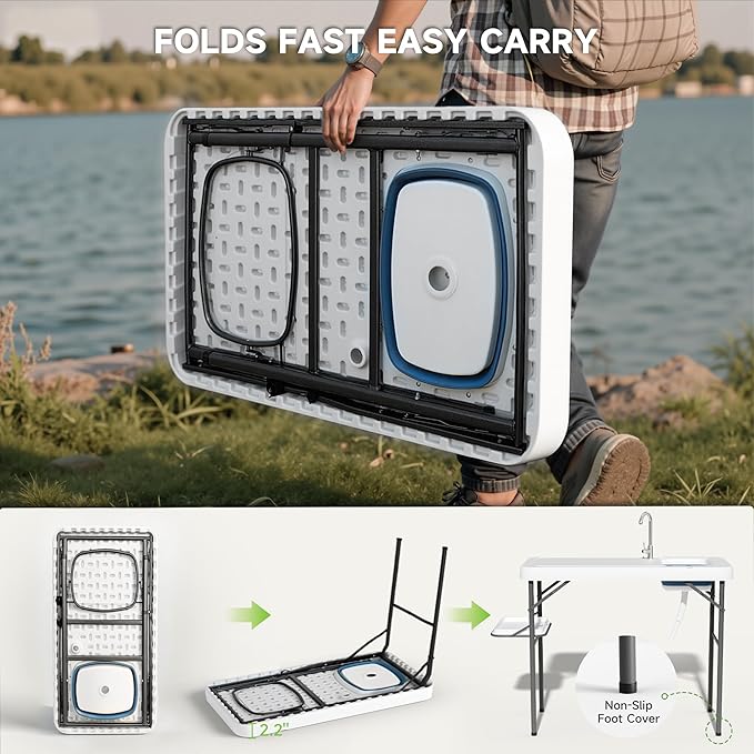 Fish Cleaning Table with Deep Sink &amp Extra Shelf Heavy-Duty HDPE Waterproof &amp UV-Resistant Portable Outdoor Sink with Hose Hookup Ideal for Camping Picnic &amp Backyard