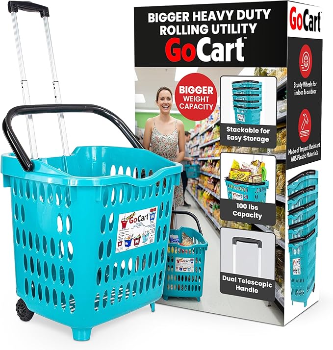 dbest products Bigger GoCart Grocery Cart Rolling Shopping Laundry Basket on Wheels Hamper with Telescopic Handle Cleaning Caddy Trolley Teal Bigger 1 pack