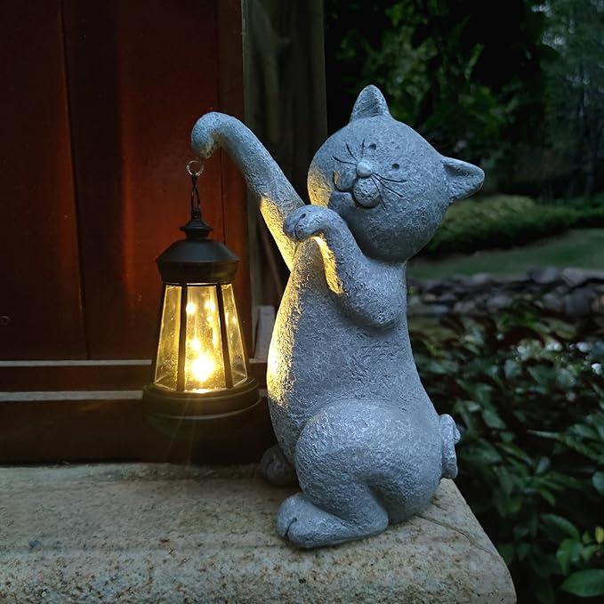 Cat Solar Garden StatuesResin Cat Figurine Decorations with Solar Lights Lantern Outdoor Figurines Lawn Cats Statue Decor Art for LawnYard Balcony OrnamentGift for Garden Home Mom.