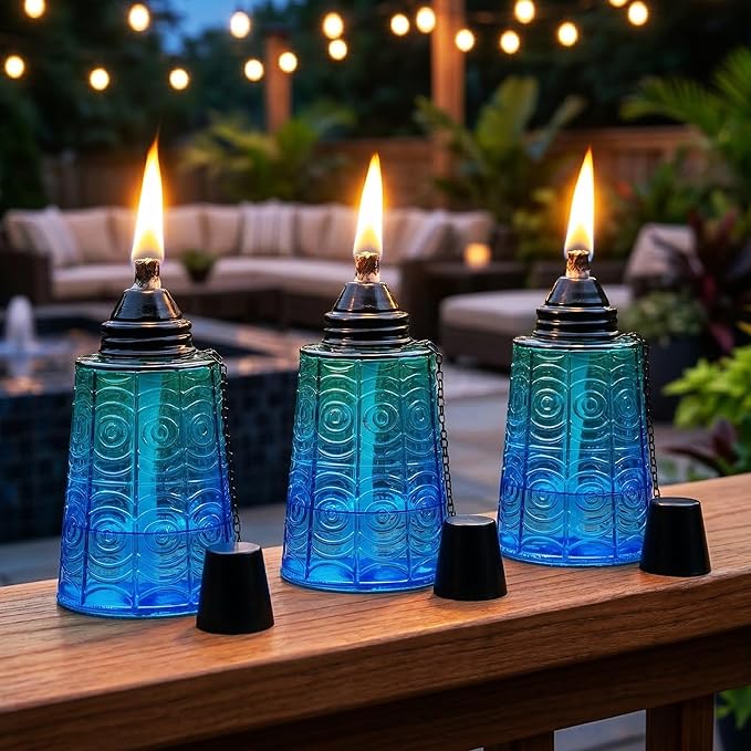 Seraphic Citronella Table Top Torches for Outdoor Patio 16oz Decorative Glass Torch Citronella Candles for Outside Deck Garden Parties Set of 3 Tropical Blue
