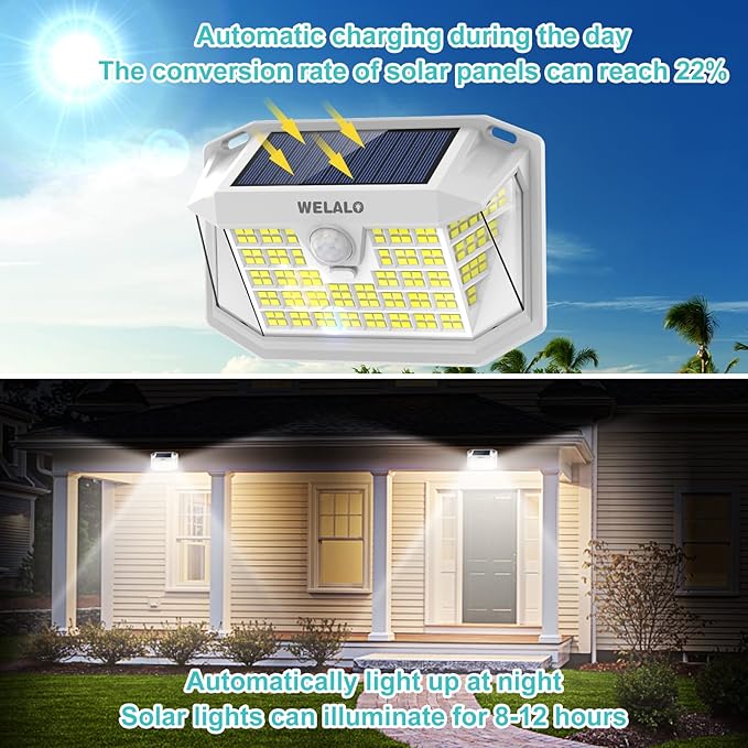 WELALO Solar Motion Sensor Lights Outdoor [3 Modes/4 Pack/188 LED] 270° Wide Angle Lighting Security Solar Powered Wall Lights IP65 Waterproof Flood Lights for Fence Porch Yard Patio(White)