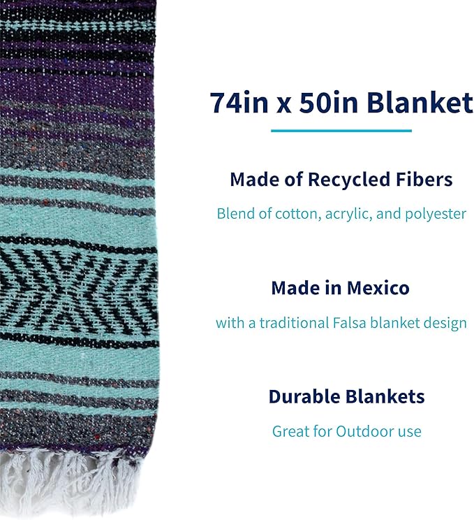 La Montana Mexican Blankets and Throws 4 Pk 74x50 Made in Mexico Lightweight Yoga Blanket for Schools Studios Outdoors Camping Picnic Decor-Machine Washable Dark Purple/Mint Green/Charcoal
