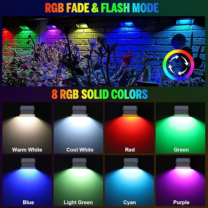 Solar Fence Lights Warm White &amp RGB Fence Lights Outdoor Step Lights Outdoor Waterproof LED Solar Lighting for Outside Backyard Patio Deck Stair Handrail Pool and Wall(12 PackBlack)