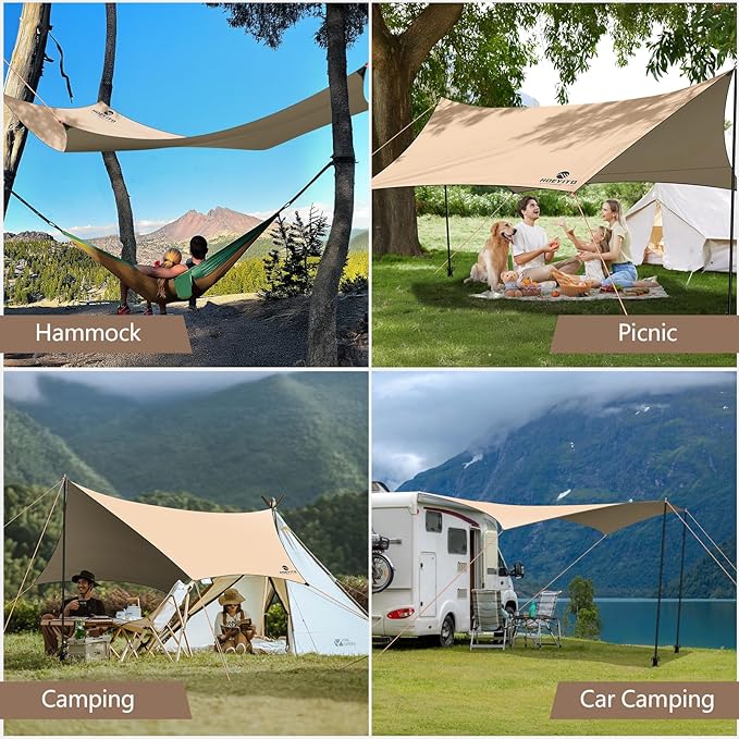 Camping Tarp with Poles &amp Retainer15x12.5FT Large Waterproof 210D Oxford Cloth Camping Canopy Anti-UV UPF100+ Tent Tarp Car Awning for Outdoor Picnic Hammock Car Backpacking (Khaki)