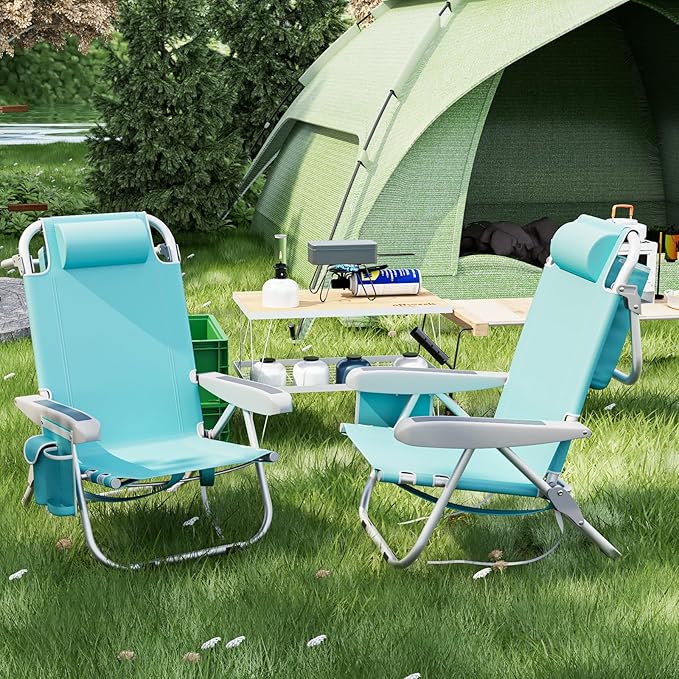Tangkula Set of 4 Backpack Beach Chair 5-Position Lightweight Folding Lay Flat Beach Chairs with Storage Bag 2 Cup Holders Towel Bar Backpack Straps