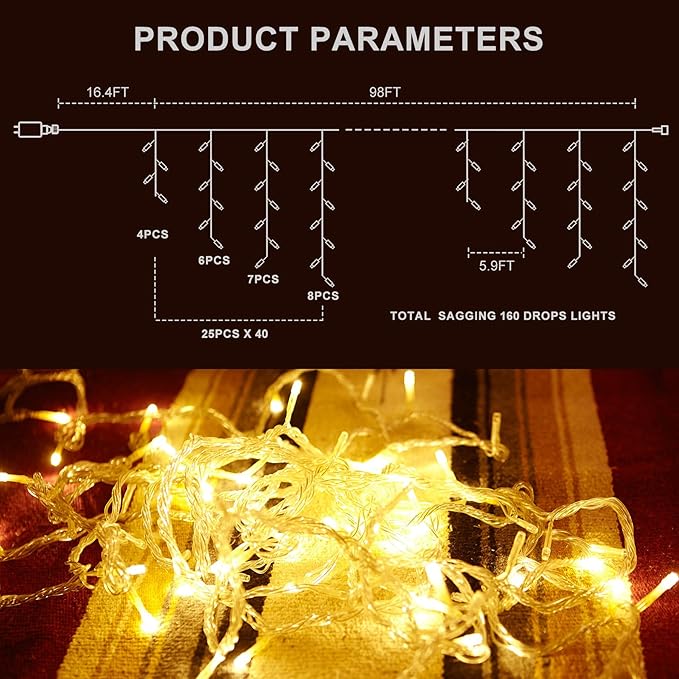 LED Icicle Lights for Outdoor Christmas Decorations98.4Ft 1000 LEDs Christmas Fairy Light with Timer&ampMemory Function8 Lighting ModesPlug in hanging Curtain Lights for Xmas Party Wedding(Warm Wh