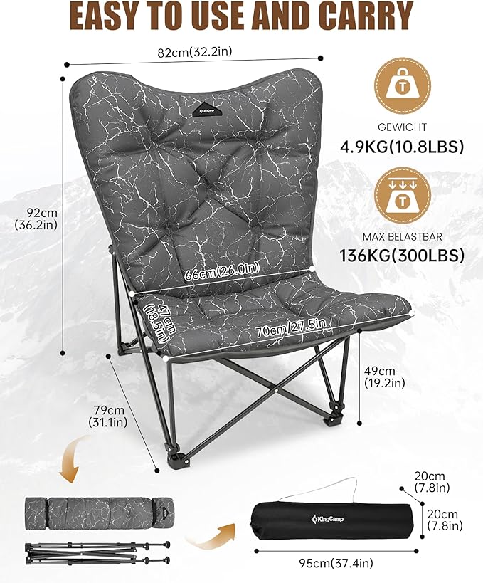 KingCamp Folding Comfy Butterfly Chair Oversized Padded Camping Chairs for Adults Comfortable Camp Chair 300lbs Heavy Duty with High Back for Outdoor Lawn Patio Bedroom Living Room Dorm