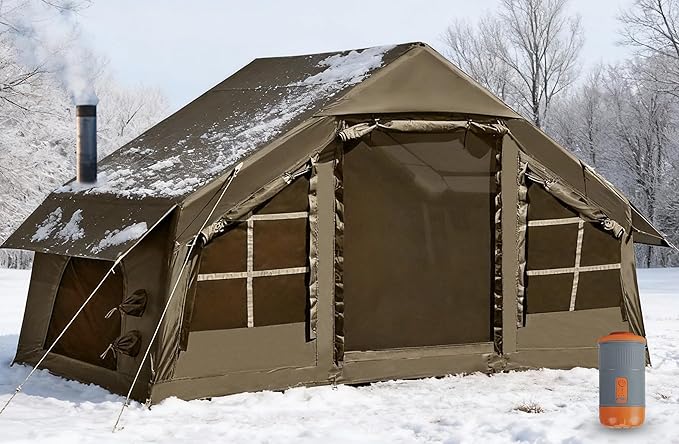 Inflatable Tents for Camping with Stove Jack 2/4/6/8 Person Easy Setup Blow Up Tents for 4 Seasons Waterproof Inflatable Camping Tent with Awning Air House Glamping Tents for Camping Adult