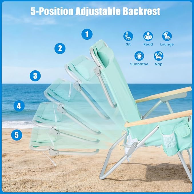SUNNYFEEL Tall Beach Chair Reclining Beach Chair with 5-Position Portable Camping Chair for Adults with Wood Armrest Lightweight Camping Chair 300 lbs Heavy Duty Green