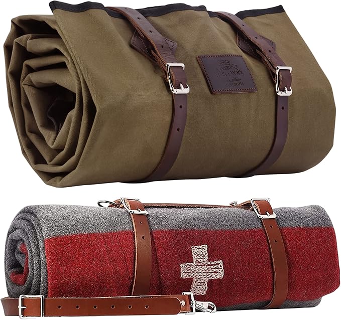 1844 Helko Werk Germany Waxed Canvas Bedroll &amp Swiss Army Blanket Bundle - Camping Bedroll with Leather Straps and Zipper - Waterproof Portable Bed (Blanket + Bedroll Olive) #F8761OB