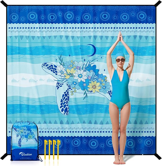 Diveblues Beach Blanket Oversized Extra Large 110 * 118/ 9 * 10 FtBeach Mat Waterproof SandproofSoft and Durable Picnic Mat for Travel Camping Beach Vacation4 Stakes &amp 1 Travel Bag