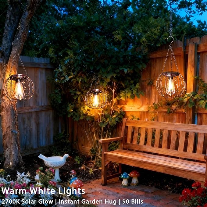 Hanging Solar Lanterns Solar Lights Outdoor Waterpoof Solar Chandelier with Warm White Led Bulb Beaded Copper Wire Ball Shade Patio Garden Decor Lights for Tree Yard Pathway Wall Eave Pergola-2Pack