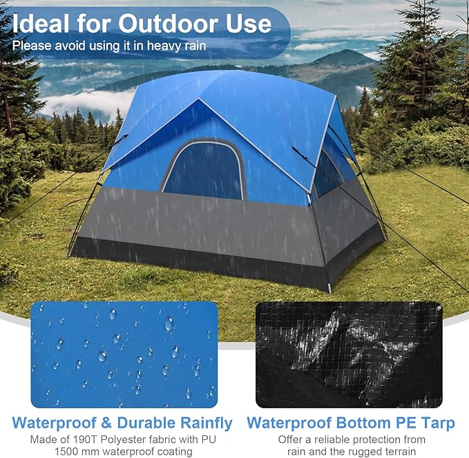 Goplus Camping Tent for 2-3 People Waterproof &amp Windproof Family Dome Tent w/Removable Rainfly Floor Mat Carrying Bag 4 Mesh Windows Easy Setup Portable Backpacking Hiking Fishing Tent