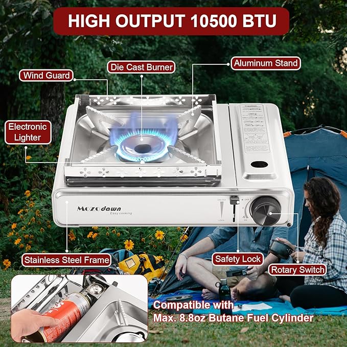 Dual Fuel Camp Stove with Butane and Propane Compatibility 10500 BTU Portable Camping Stove with Carrying Case Storage Bag Adapter Hose Wind Guard Outdoor Camping Essentials